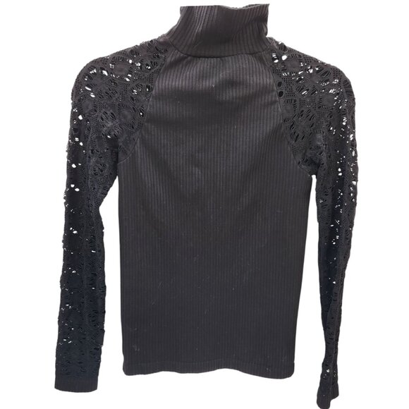 Free People Black Ribbed Mock Neck Keyhole Back Lace Sleeves Size Medium - Picture 3 of 5
